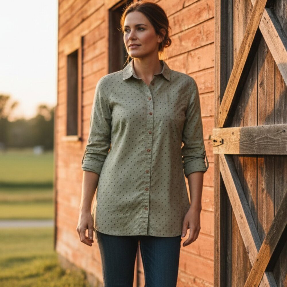 Duluth Trading Co. Women's Small Dark Sage Green Printed Artisan Hemp Shirt